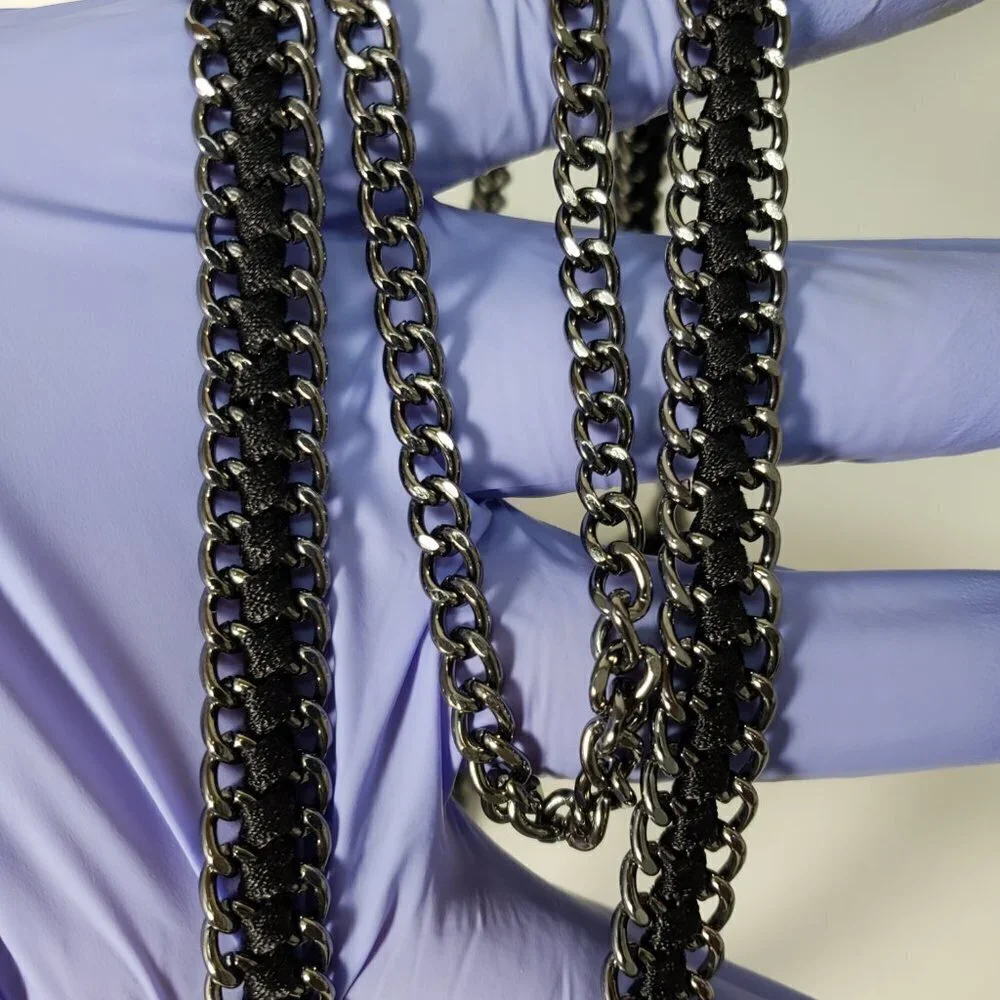 Polished Layered of Black Metal Crystal & Black Flower Design Brooch Necklace